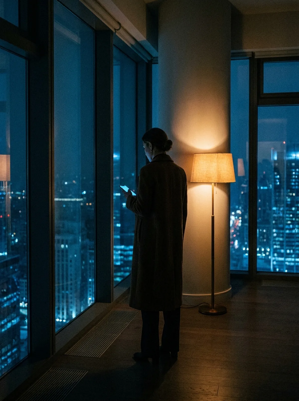 A woman at a dark window holding her phone, city lights beyond