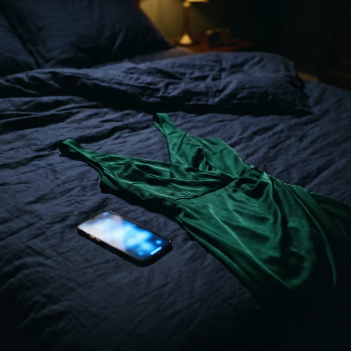 A silk evening dress laid out on a bed next to a glowing phone